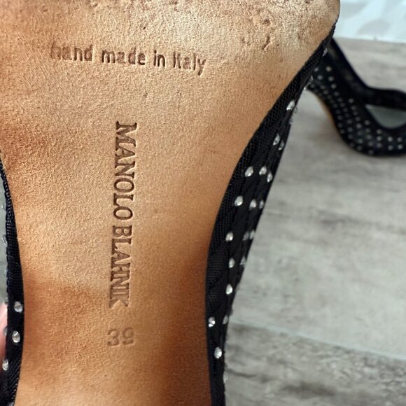 Manolo Blahnik Black Crystal Embellished Mesh and Satin Pointed Toe Pumps - Picture 12 of 13